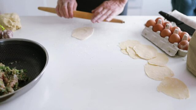 Cooking homemade dumplings, chinese dumplings with meat on a wooden table and ingredients for cooking. 
