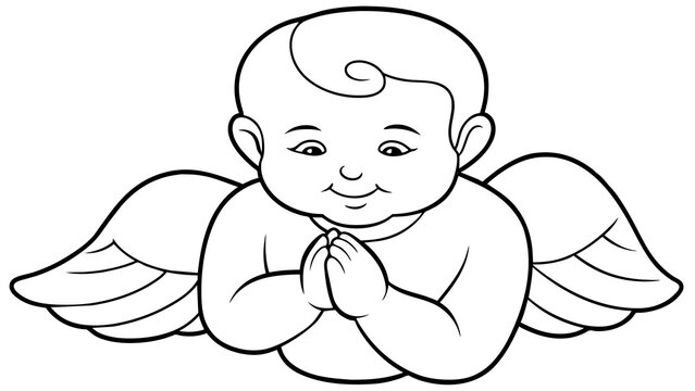 black and white cherub praying with wings clip art preview