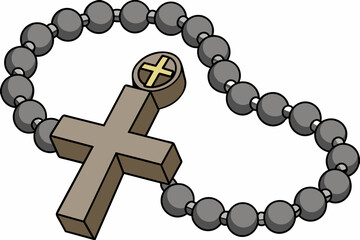 a metal cross with a prayer beads white background