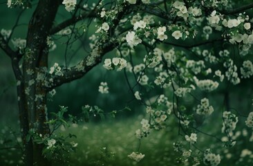 Tree With White Flowers in a Grassy Area