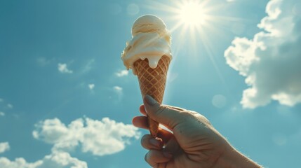 Hand holding a colorful ice cream cone against a sunny blue sky. soft focus,defocus