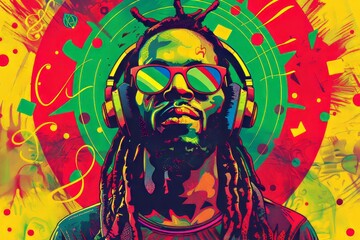 Photo of reggae music themed background with dreadlocks rasta man wearing headphones and sunglasses, circular red green yellow gradient in the background, colorful musical elements and retro style