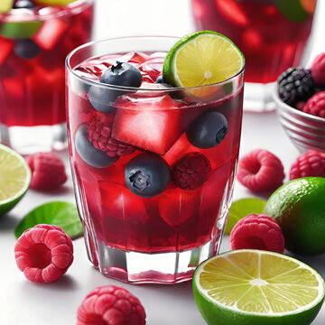 Berry punch with lime slices isolated on white background,
