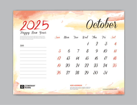 Calendar 2025 template, Desk Calendar 2025 template, October 2025, week start on sunday, Wall calendar, planner, stationery, Printing template, organizer office, Red watercolor background, vector