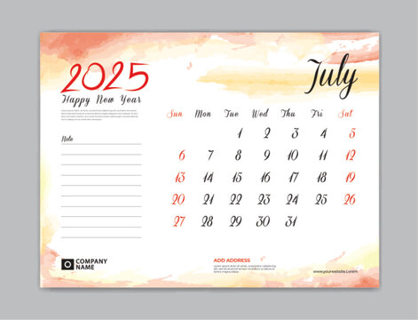 Calendar 2025 template, Desk Calendar 2025 template, July 2025, week start on sunday, Wall calendar, planner, stationery, Printing template, organizer office, Red watercolor background, vector
