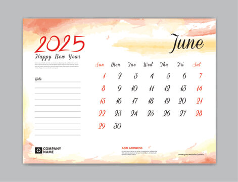 Calendar 2025 template, Desk Calendar 2025 template, June 2025, week start on sunday, Wall calendar, planner, stationery, Printing template, organizer office, Red watercolor background, vector