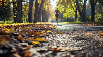 Autumn park jogging, fallen leaves, runner in distance. soft focus,defocus