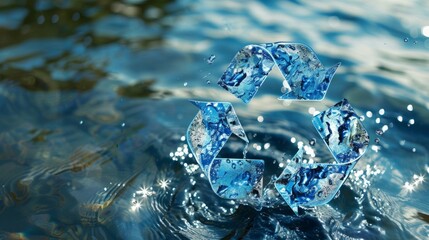 Recycling symbol, water droplets, environmental conservation concept, floating. soft focus,defocus