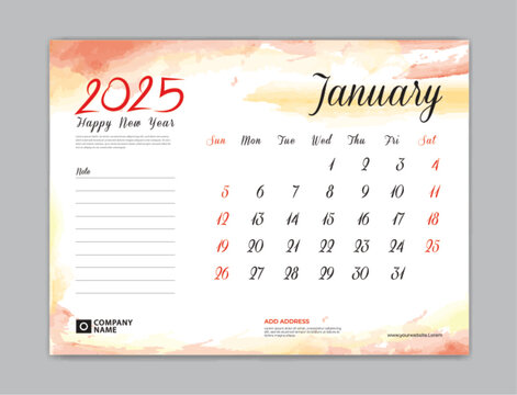 Calendar 2025 template, Desk Calendar 2025 template, January 2025, week start on sunday, Wall calendar, planner, stationery, Printing template, organizer office, Red watercolor background, vector
