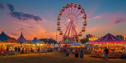 A lively carnival at dusk, Ferris wheel lights against the twilight sky, happy faces of families enjoying rides and games. Resplendent. - obrazy, fototapety, plakaty