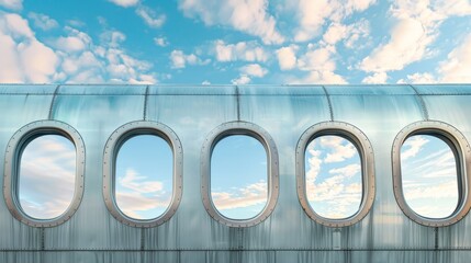 Five airplane windows mirroring a clear blue sky with clouds, on a metallic fuselage, wide format