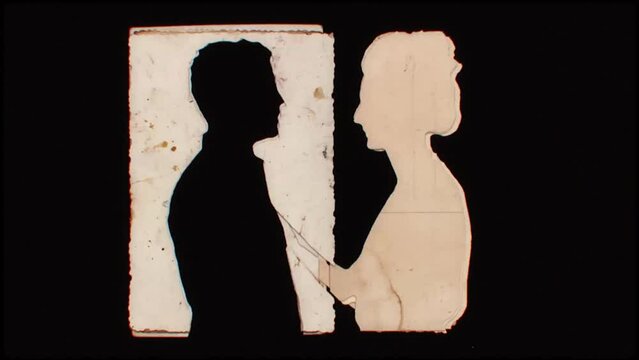 Animated abstract VJ Loop artwork of painted man and woman meeting on stained vintage papers