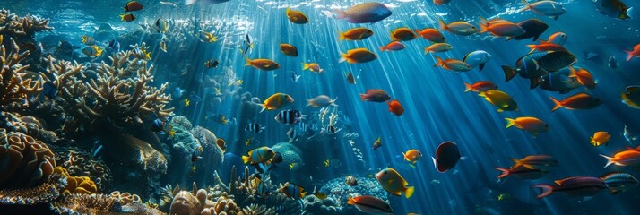 banner Underwater paradise with diverse tropical fish swimming around coral reefs under sunrays in a wide-angle view. soft focus,defocus