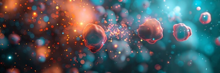 banner Abstract image of cells or particles in a vibrant blue and red bokeh background, depicting a microscopic or cosmic scene. soft focus,defocus