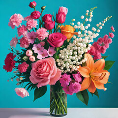 a beautiful bouquet of spring flowers in a glass vase stands on the table,