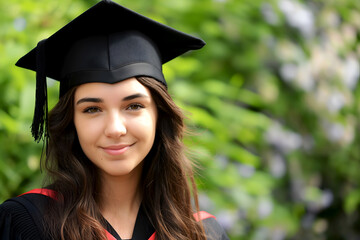 Smiling graduate in black cap after graduation in campus outdoors, nature background, copy space. Young female graduate in academic hat with cheerful expression, greenery background, graduation day