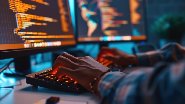 Close-up of a programmer's hands typing on a backlit keyboard, with lines of code displayed across multiple computer screens. AIG41