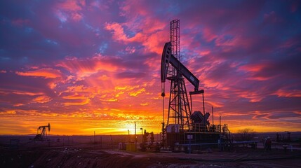 Silhouette Oil drilling derricks at desert oilfield with worker on colorful sunset background