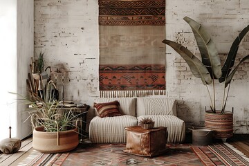 : Bohemian living space, woven tapestry, vintage poster mockup on wall