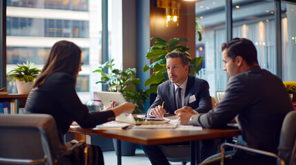 A financial advisor meets with clients in a bright, modern office against a backdrop of investment charts and tables, discussing finance, mortgages and investment strategies. Reflects personal financi - Powered by Adobe