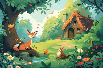 Illustration of a cartoon children's fairy tale about animals. Mystical fox near a thatched cottage in a verdant glen, evokes a tale of living in harmony with nature