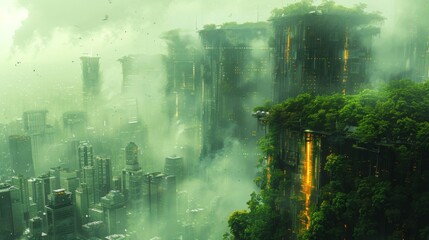 Naklejka premium Urban Jungle, In a futuristic city overrun by concrete and pollution, gardens and rooftop oases. Generated AI