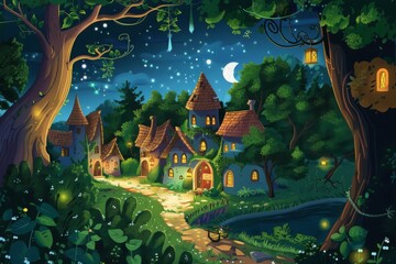 Nighttime in a magical cartoon village with cozy houses lit under a starry sky and a radiant moon, nestled in an enchanted forest - obrazy, fototapety, plakaty
