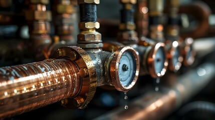 Precision Plumbing: The Art of Copper Pipe Maintenance. Concept Plumbing Tools, Pipe Repairs, Waterproofing, Drain Cleaning, Water Heater Maintenance - obrazy, fototapety, plakaty
