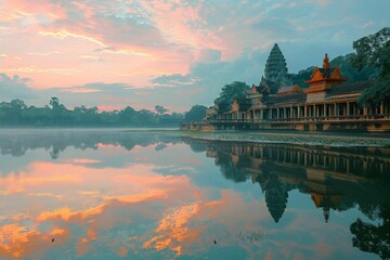 Angkor Wat Temple Reflecting in Water at Sunrise - obrazy, fototapety, plakaty