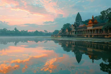 Fotobehang Angkor Wat Temple Reflecting in Water at Sunrise © Wachirawat