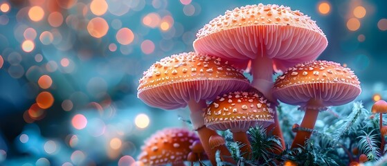 Mystical Healing Mushrooms, Artistic Glow & Space. Concept Mystical Properties, Healing Mushrooms, Artistic Glow, Space Inspiration