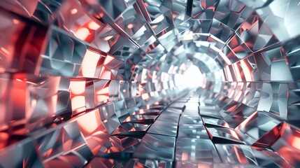 Abstract 3D rendering of a futuristic tunnel with glowing red and white lights.