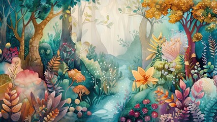 Illustrate a whimsical, tilted angle view of a enchanted forest in watercolor, featuring vibrant flora, mystical creatures, and sparkling streams to evoke a sense of wonder and magic