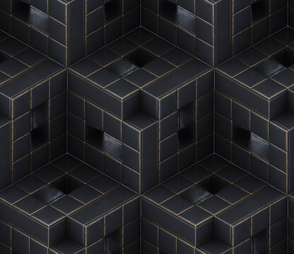 Futuristic black cubes with gold frayed edges.