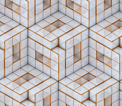 Futuristic white cubes with gold decorative elements.