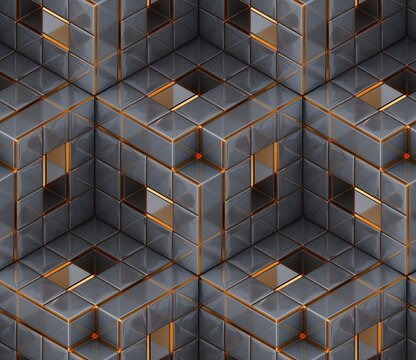 Futuristic grey cubes with gold decorative elements.