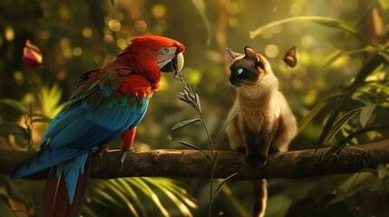 A beautiful parrot and a cat are sitting on a branch in the jungle. - Powered by Adobe