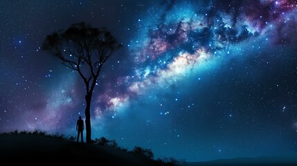 Under a sky full of stars, a man stands in the field and gazes up in awe. The Milky Way stretches across the sky in a brilliant display of light.