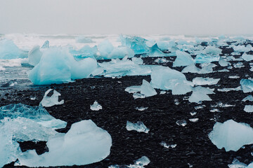 Iceberg fragments on black sand beach