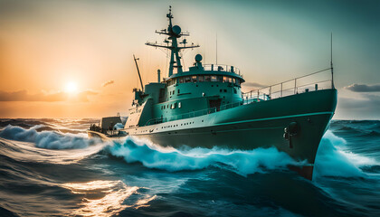 Fototapeta premium research ship explores, a huge ship with scientific instruments, a bright setting sun, turquoise sea and waves in the background of the ship,