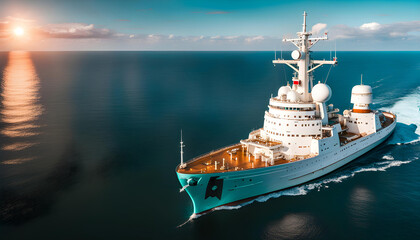 research ship explores, a huge ship with scientific instruments, a bright setting sun, turquoise sea and waves in the background of the ship, - obrazy, fototapety, plakaty