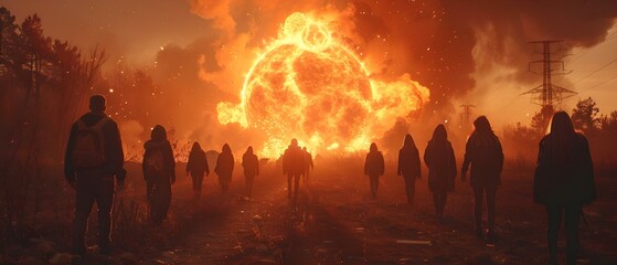Fototapeta premium Apocalyptic Dawn: Humanity's Silhouette. Concept Dystopian Future, Survival Strategies, Post-Apocalyptic Fiction, Human Resilience, Catastrophic Events