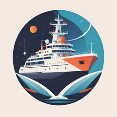 research ship explores, a huge ship with scientific instruments, a bright setting sun, turquoise sea and waves in the background of the ship,