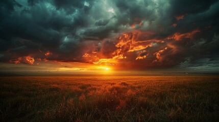 Dramatic Landscapes: A photo of a dramatic sunset over a vast - obrazy, fototapety, plakaty