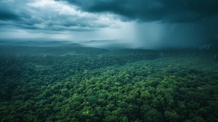 Dramatic Landscapes: A photo of a lush, green forest under a canopy of dark thunderstorm clouds