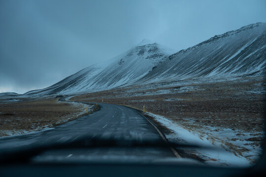 The view from a car window in winter in Iceland