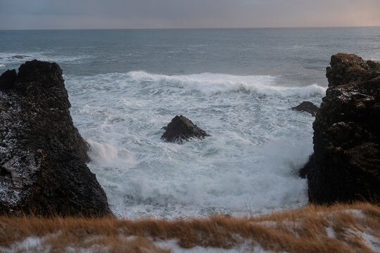 The sea is constantly eroding the rocks of Gatklettur.