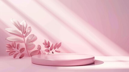 Sebuah podium berwarna merah muda yang berada didalam sebuah ruangan minimalis dengan bunga hias disampingnya. Podium tiga dimensi yang berwarna merah muda.