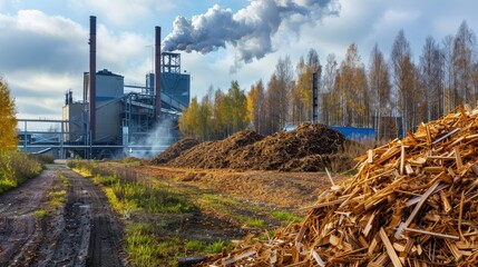 Energy Spark: A photo of a biomass power plant using organic waste to generate electricity - obrazy, fototapety, plakaty