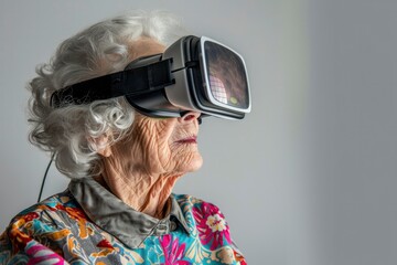 Grandmother, elderly gray-haired woman wearing virtual reality glasses. Fashionable pensioners master modern technologies, play video games, watch a magical 3D world